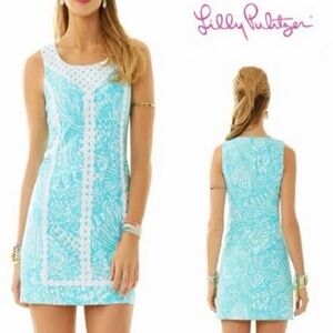 Lilly Pulitzer MacFarlane Stretch Shift Dress in “Shorely Blue Sea Cups” print